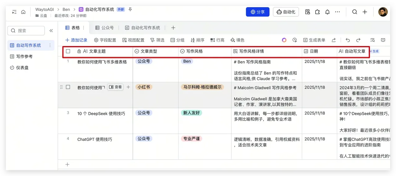 自动化写作系统表字段设计