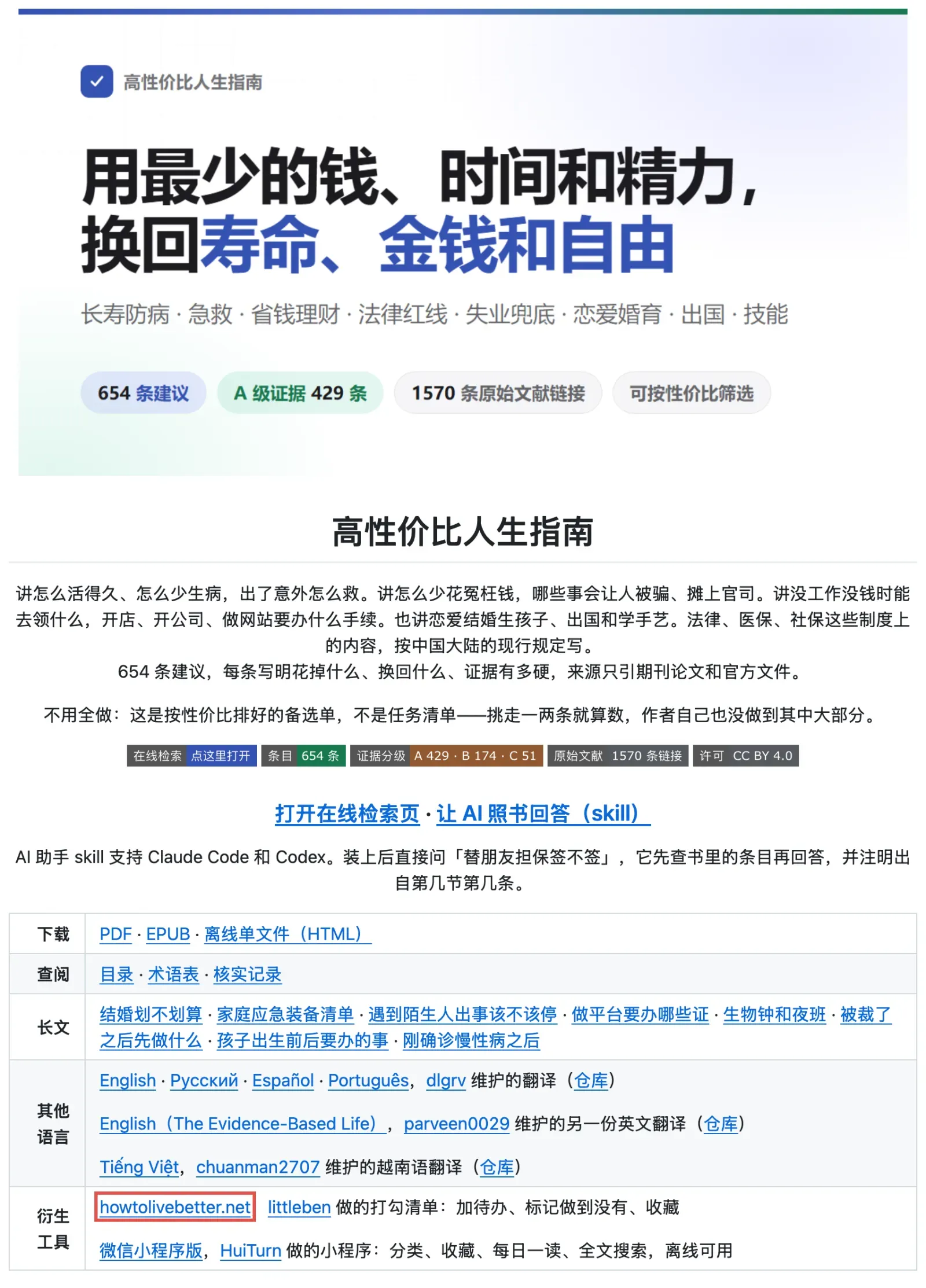 原仓库 README 顶部,红框是收录的 howtolivebetter.net