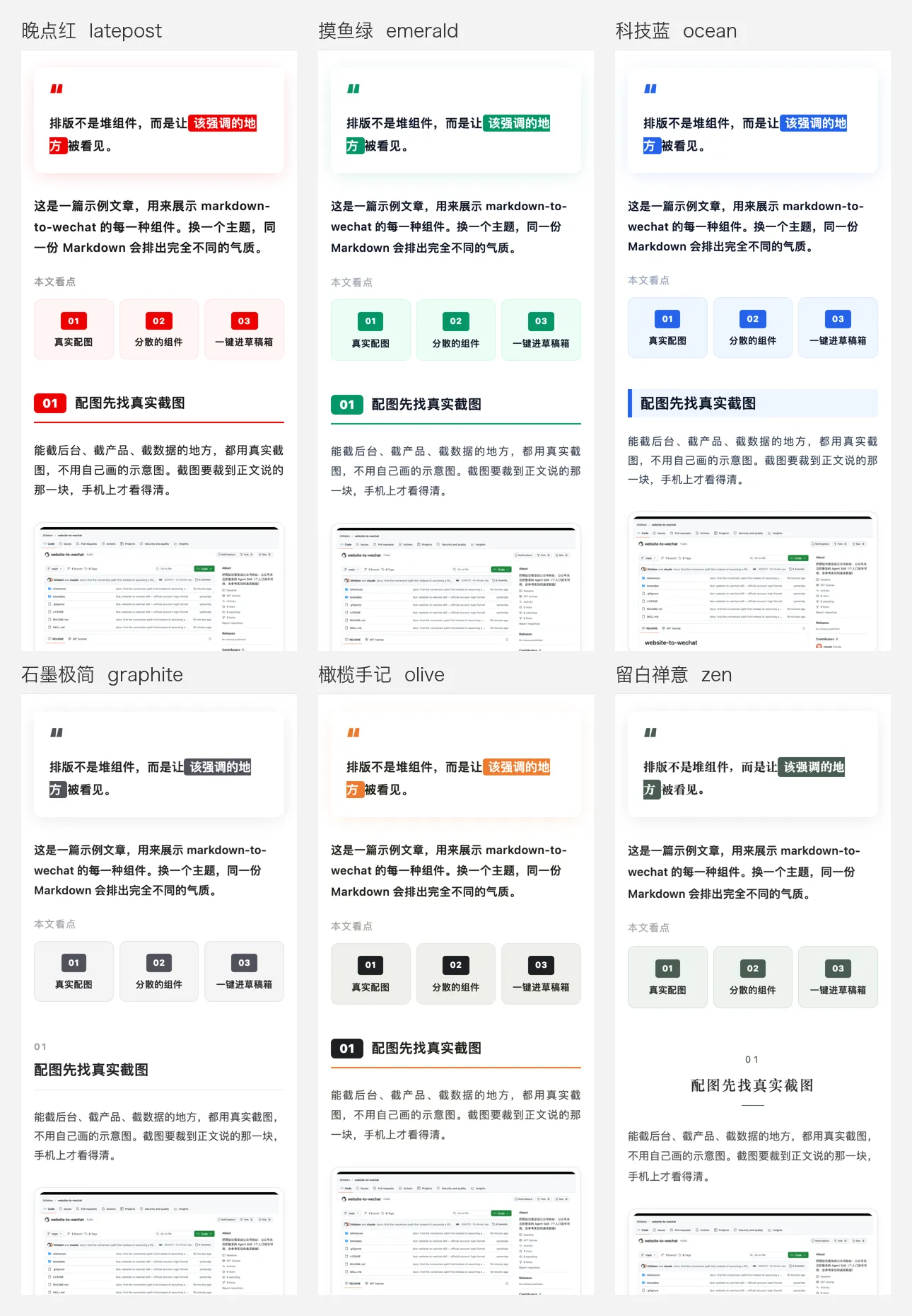 6 套主题，同一份 Markdown