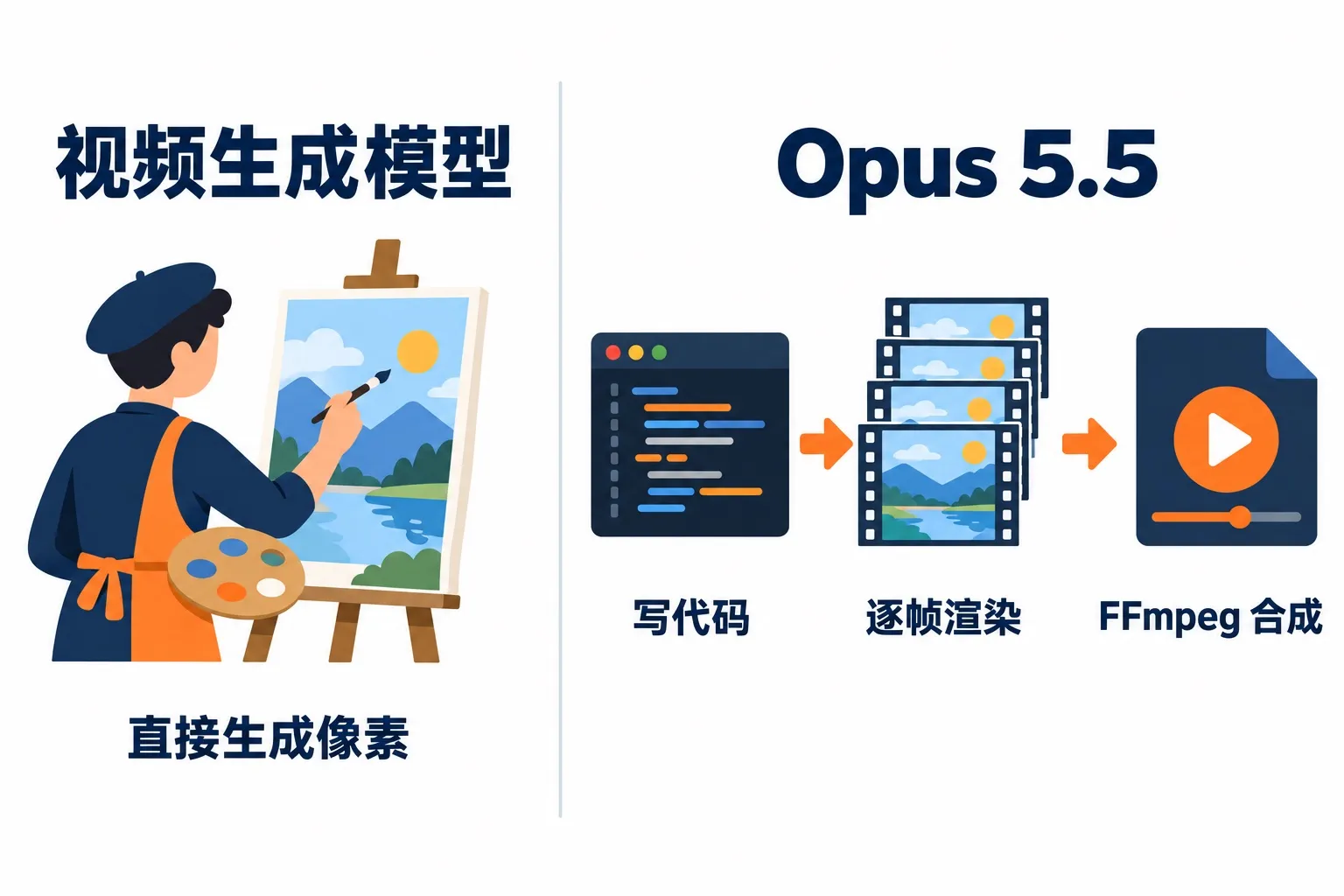 视频生成模型直接画像素，Opus 5.5 写代码再逐帧渲染