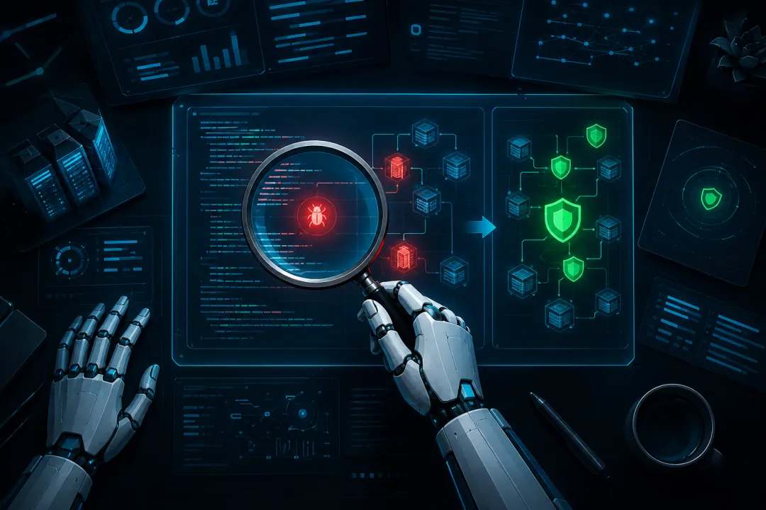 AI 概念图:机械手用放大镜扫描漏洞,从发现威胁到建立防护